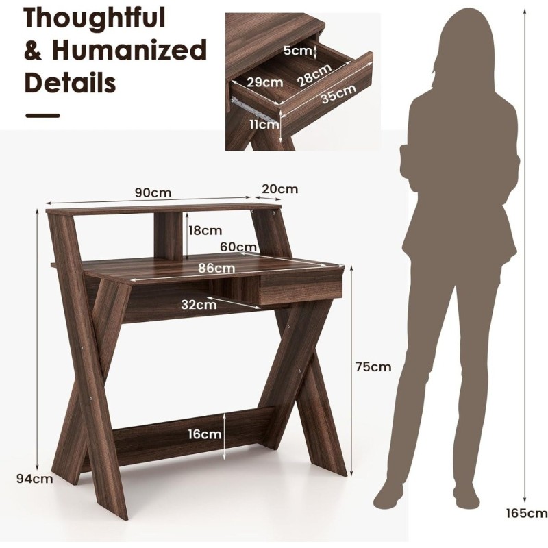 Moderni ruskea työpöytä laatikolla ja monitorikorokkeella
