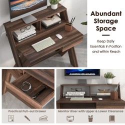 Moderni ruskea työpöytä laatikolla ja monitorikorokkeella