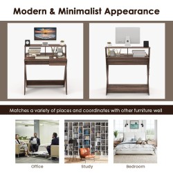 Moderni ruskea työpöytä laatikolla ja monitorikorokkeella