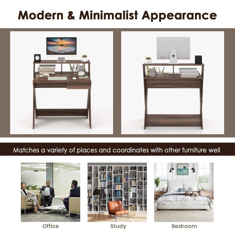 Moderni ruskea työpöytä laatikolla ja monitorikorokkeella