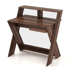 Moderni ruskea työpöytä laatikolla ja monitorikorokkeella