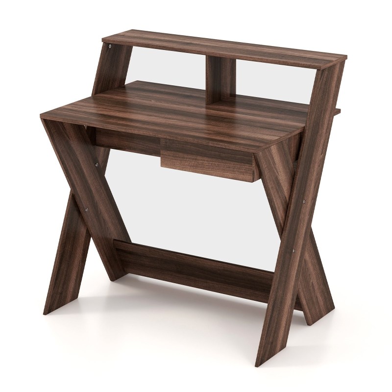 Moderni ruskea työpöytä laatikolla ja monitorikorokkeella