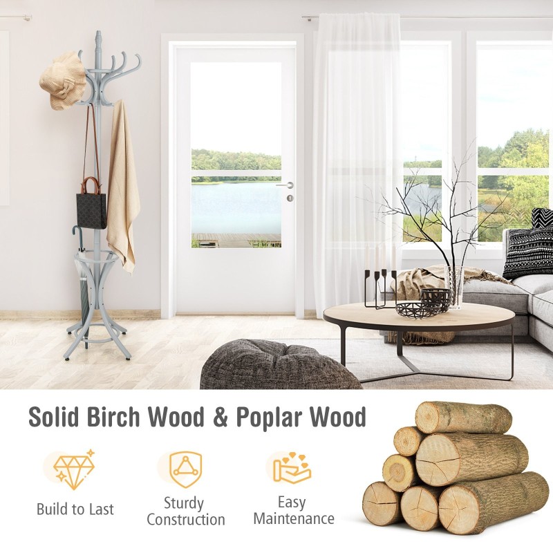 Vapaasti seisova harmaa naulakko 12 koukulla ja sateenvarjotelineellä