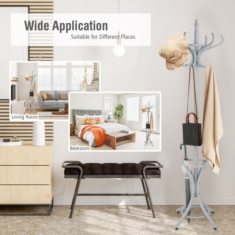 Vapaasti seisova harmaa naulakko 12 koukulla ja sateenvarjotelineellä