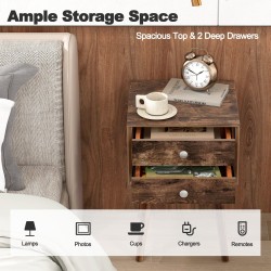 Puinen yöpöytä kahdella laatikolla ja kumipuisilla jaloilla