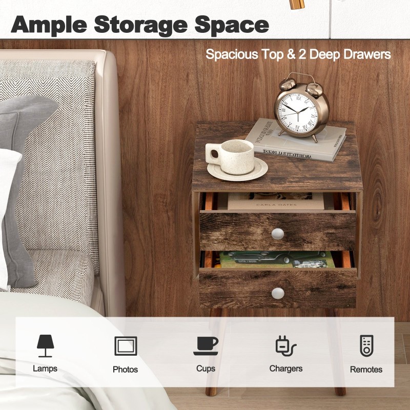 Puinen yöpöytä kahdella laatikolla ja kumipuisilla jaloilla
