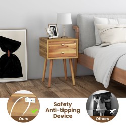 Puinen yöpöytä kahdella laatikolla ja kumipuisilla jaloilla