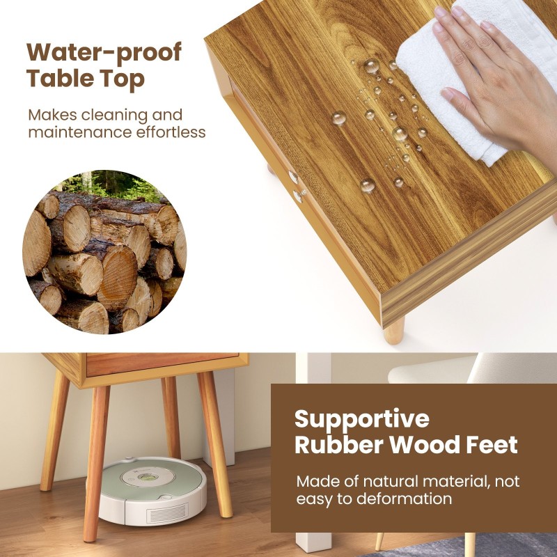 Puinen yöpöytä kahdella laatikolla ja kumipuisilla jaloilla