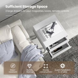 Valkoinen puinen yöpöytä kahdella laatikolla ja kumipuujaloilla