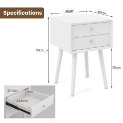 Valkoinen puinen yöpöytä kahdella laatikolla ja kumipuujaloilla