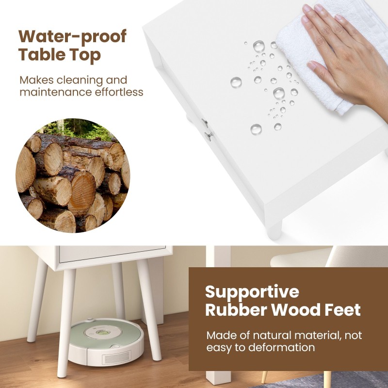 Valkoinen puinen yöpöytä kahdella laatikolla ja kumipuujaloilla