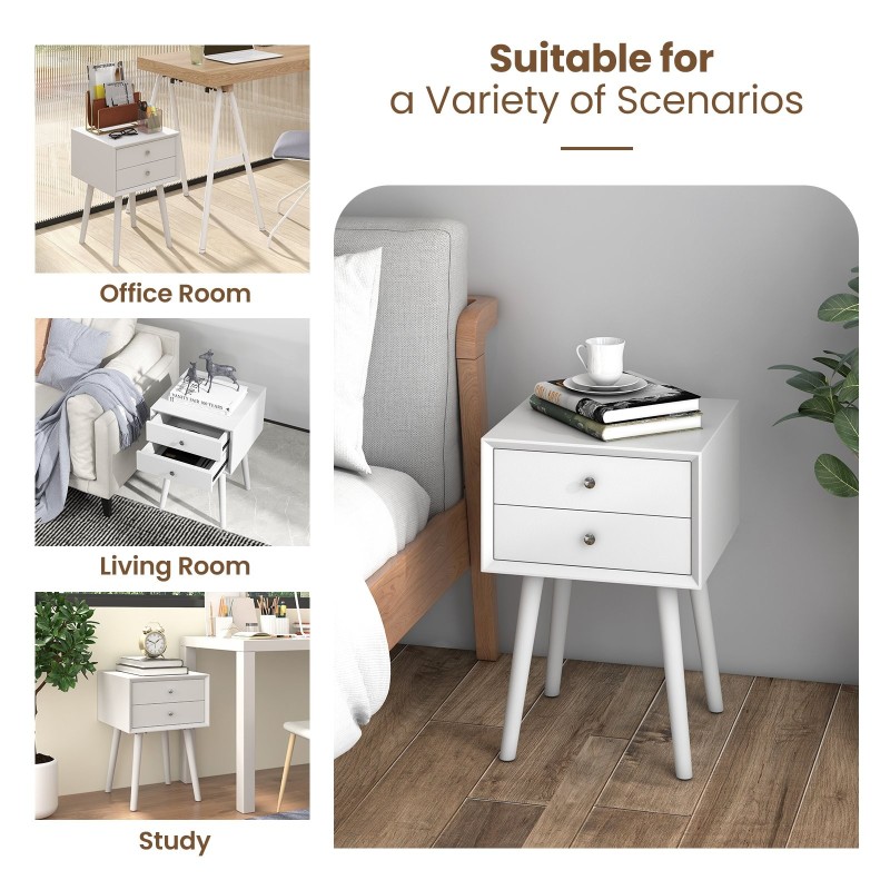 Valkoinen puinen yöpöytä kahdella laatikolla ja kumipuujaloilla