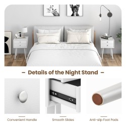 Valkoinen puinen yöpöytä kahdella laatikolla ja kumipuujaloilla