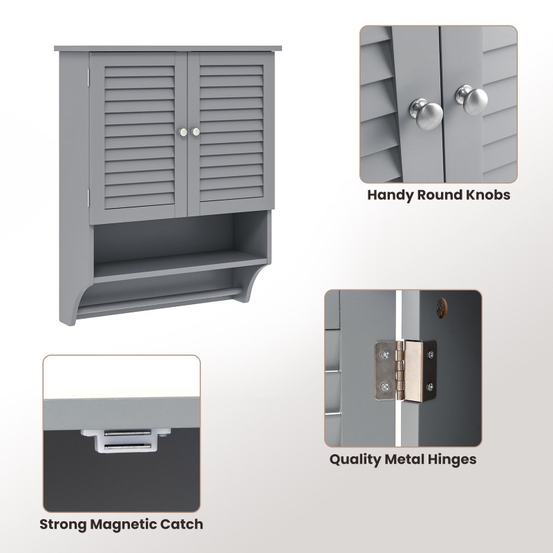 Harmaa seinäkaappi säädettävillä hyllyillä ja lamelliovilla