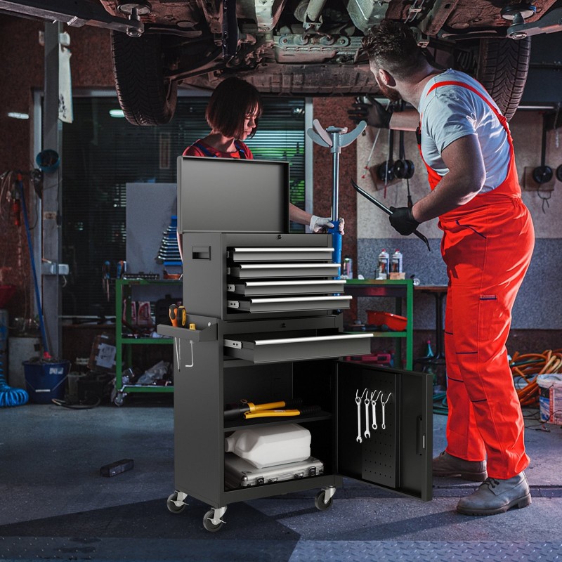 Suurikapasiteettinen musta työkalukaappi lukittavilla pyörillä