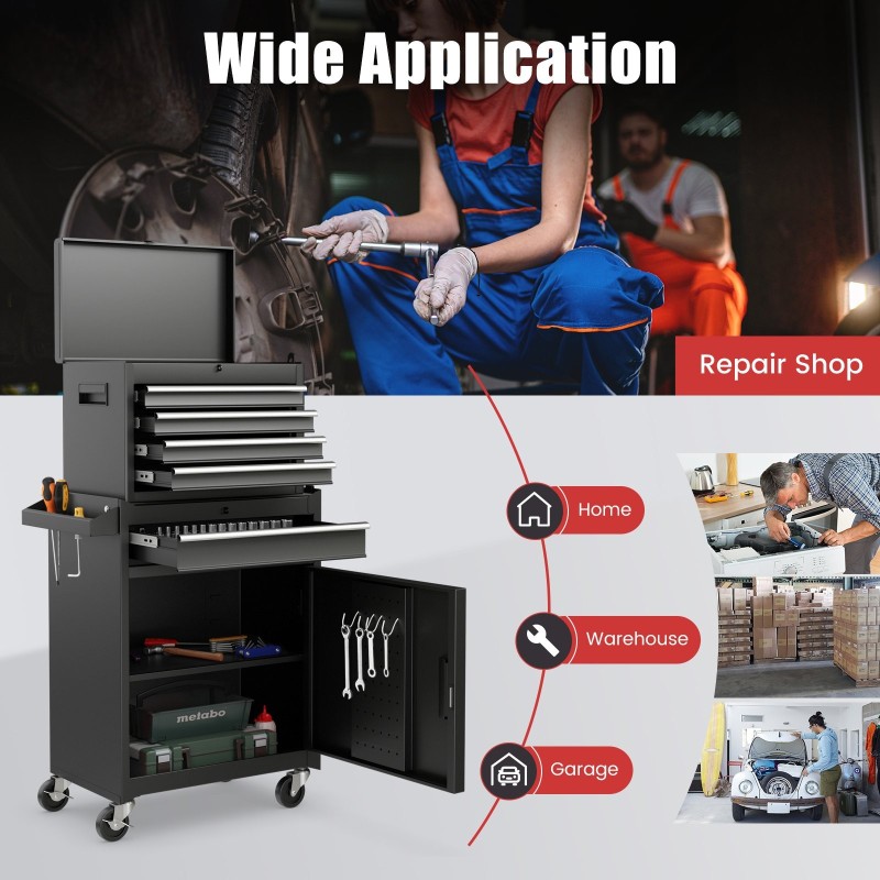 Suurikapasiteettinen musta työkalukaappi lukittavilla pyörillä