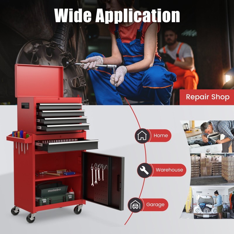 Monipuolinen 2-in-1 työkalukaappi pyörillä, punainen ja musta