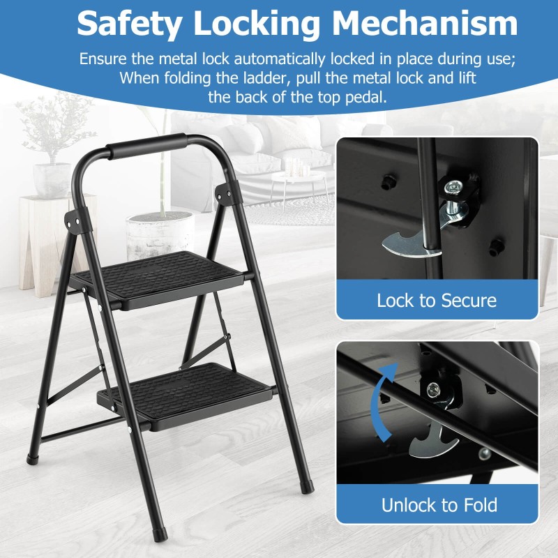 Kaksivaiheinen musta taittotikas pehmustetulla kädensijalla