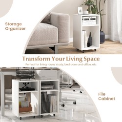 Liikuteltava valkoinen toimistokaappi kahdella avohyllyllä