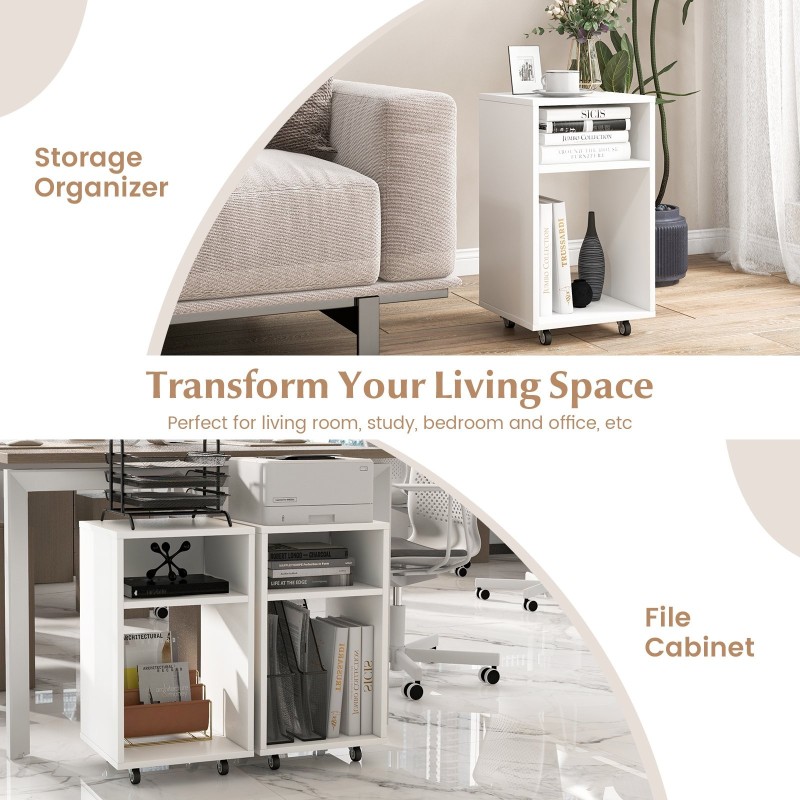 Liikuteltava valkoinen toimistokaappi kahdella avohyllyllä