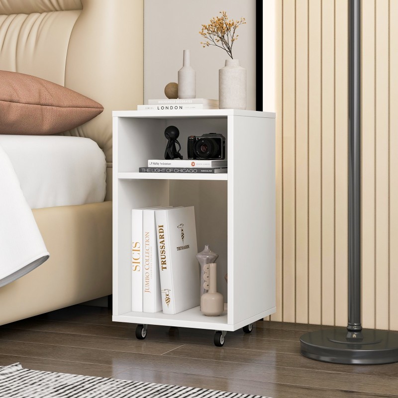 Liikuteltava valkoinen toimistokaappi kahdella avohyllyllä