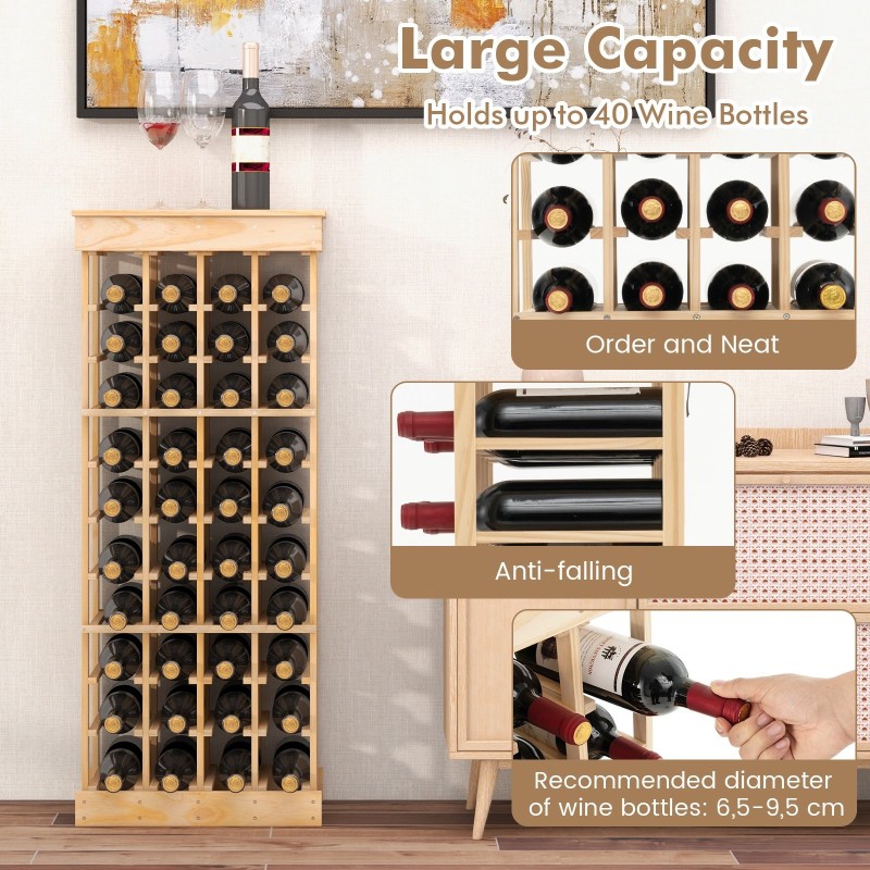 Viinipulloteline massiivipuusta 40 pullolle kaatumissuojalla luonnonväri