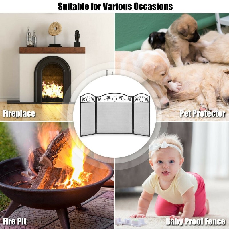 Vapaasti seisova musta tulisijansuoja lehtikuviolla