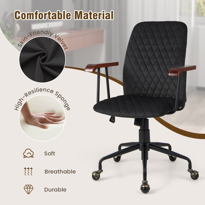 Säädettävä musta samettinen toimistotuoli, ergonominen ja kestävä