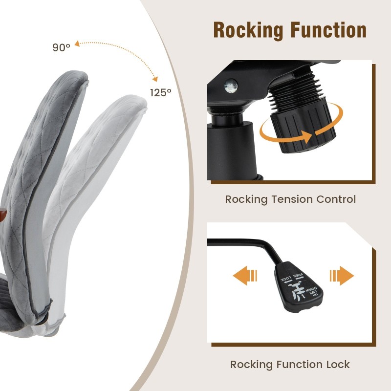 Säädettävä samettinen keinutuoli pehmustetulla istuimella - harmaa