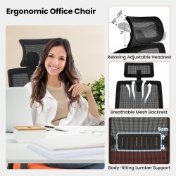 Ergonominen musta toimistotuoli säädettävällä niskatuella ja lannerangalla