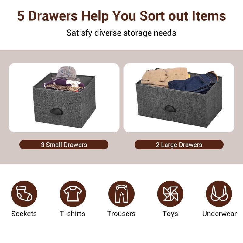 Viisiosainen harmaa säilytyslaatikosto, kestävä ja monikäyttöinen