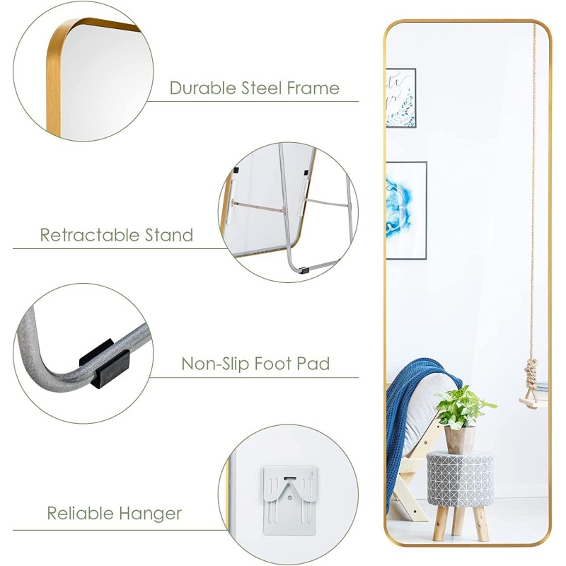 Kultainen kokovartalopeili teräskehyksellä ja turvakalvolla