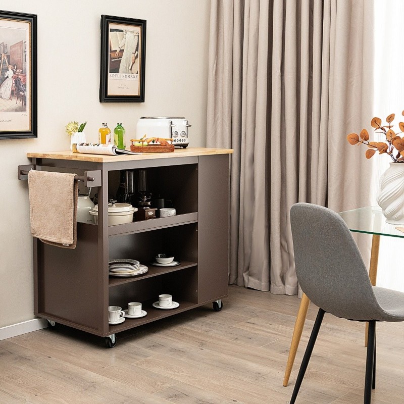 Liikuteltava tarjoiluvaunu kumipuukannella ja laatikolla ruskea