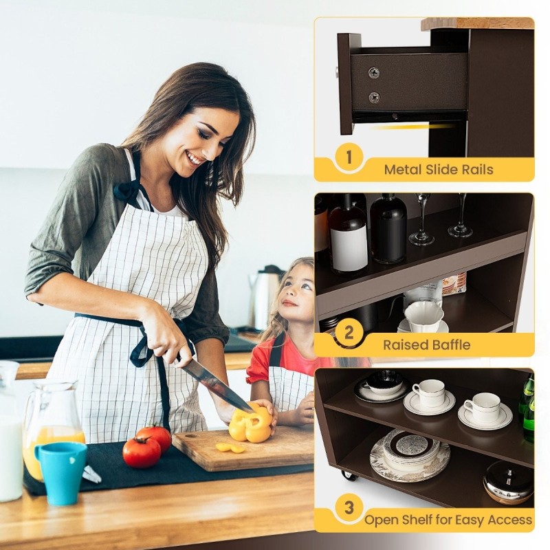 Liikuteltava tarjoiluvaunu kumipuukannella ja laatikolla ruskea