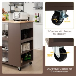 Liikuteltava tarjoiluvaunu kumipuukannella ja laatikolla ruskea