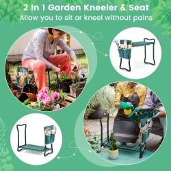 Kaksitoiminen vihreä puutarhapenkki polvituoli ja työkalutasku