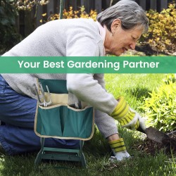 Kaksitoiminen vihreä puutarhapenkki polvituoli ja työkalutasku