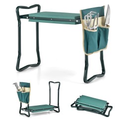 Kaksitoiminen vihreä puutarhapenkki polvituoli ja työkalutasku