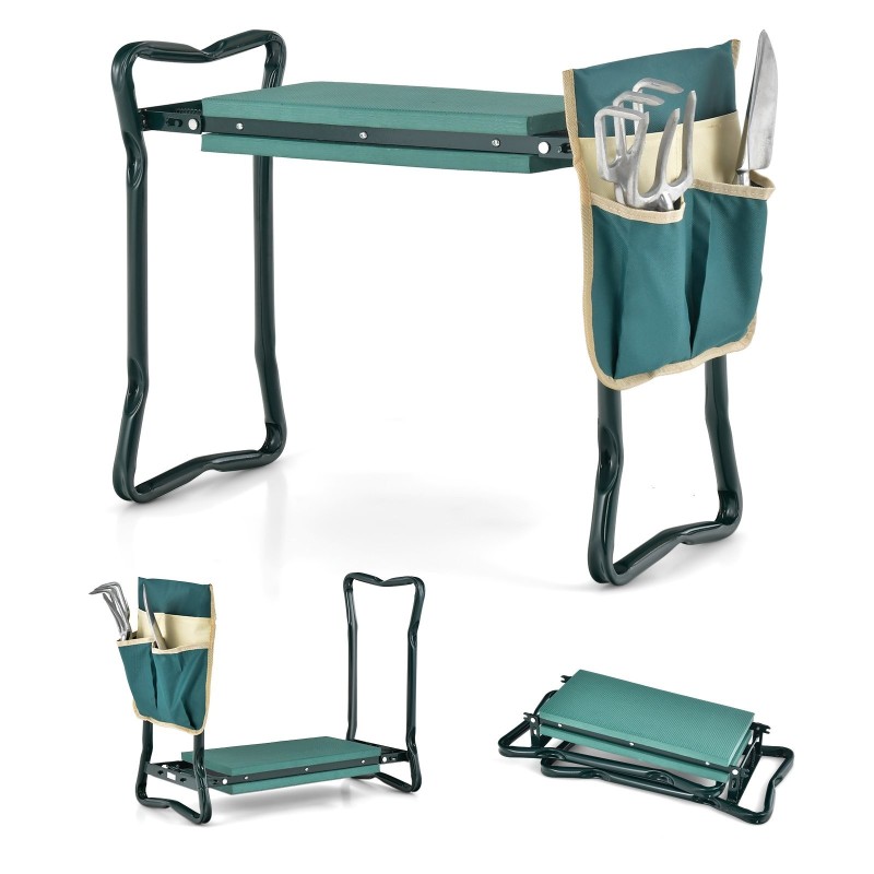 Kaksitoiminen vihreä puutarhapenkki polvituoli ja työkalutasku