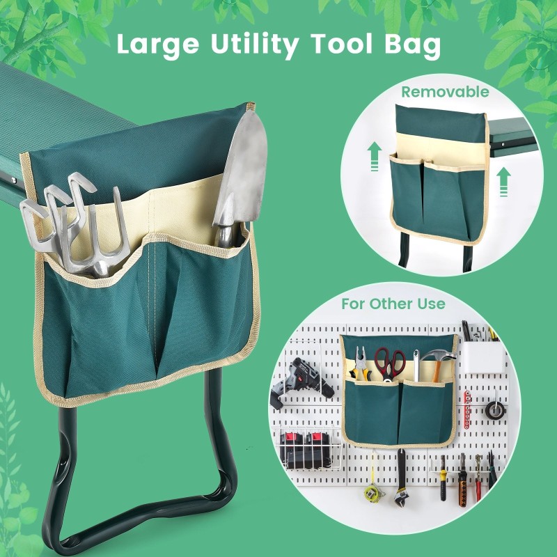 Kaksitoiminen vihreä puutarhapenkki polvituoli ja työkalutasku