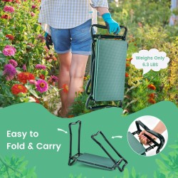 Kaksitoiminen vihreä puutarhapenkki polvituoli ja työkalutasku