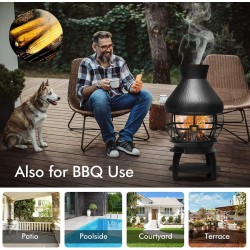 Metallinen musta terassitulisija kipinäsuojalla ja tulikoukulla