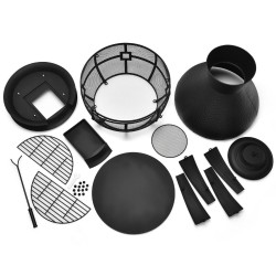 Metallinen musta terassitulisija kipinäsuojalla ja tulikoukulla