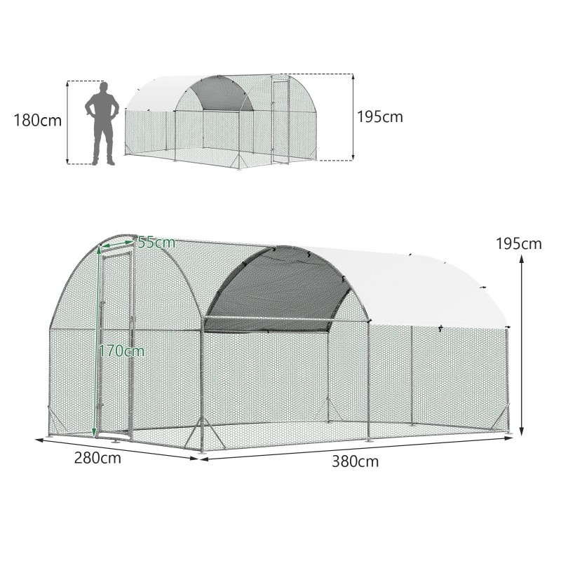 Suuri metallinen kanakoppi vedenpitävällä ja aurinkosuojalla