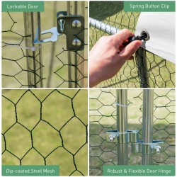 Suuri metallinen kanakoppi vedenpitävällä ja aurinkosuojalla