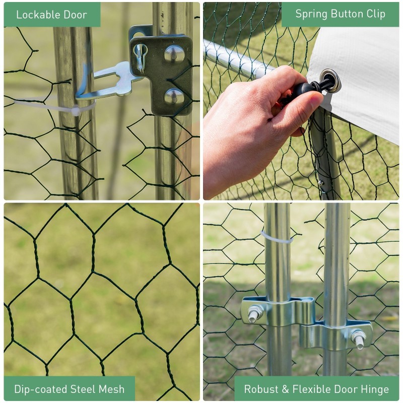 Suuri metallinen kanakoppi vedenpitävällä ja aurinkosuojalla