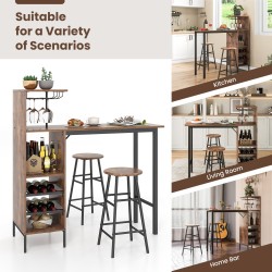 Kolmiosainen teollinen baaripöytä- ja jakkarasetti kahvinvärisenä