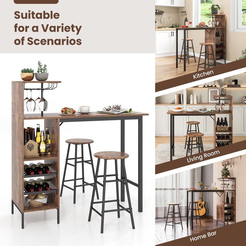 Kolmiosainen teollinen baaripöytä- ja jakkarasetti kahvinvärisenä