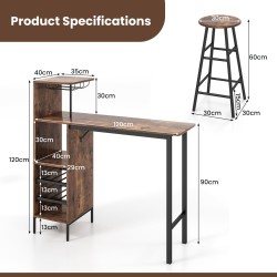 Kolmiosainen teollinen baaripöytä- ja jakkarasetti kahvinvärisenä