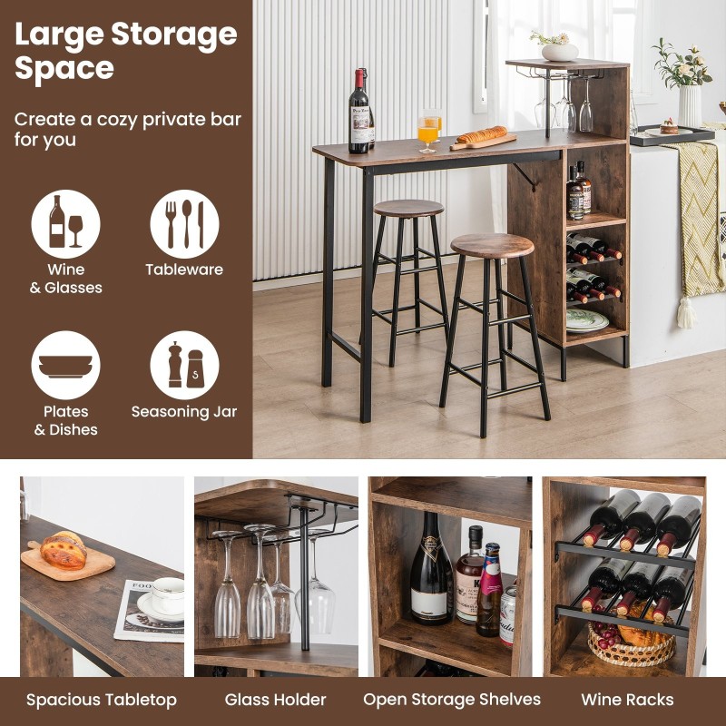 Kolmiosainen teollinen baaripöytä- ja jakkarasetti kahvinvärisenä